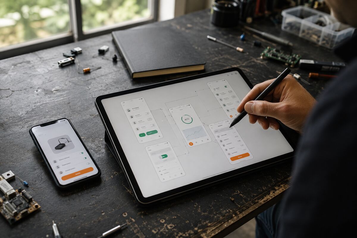 An engineer designing a device's companion app on a tablet at the HLT Lab workbench