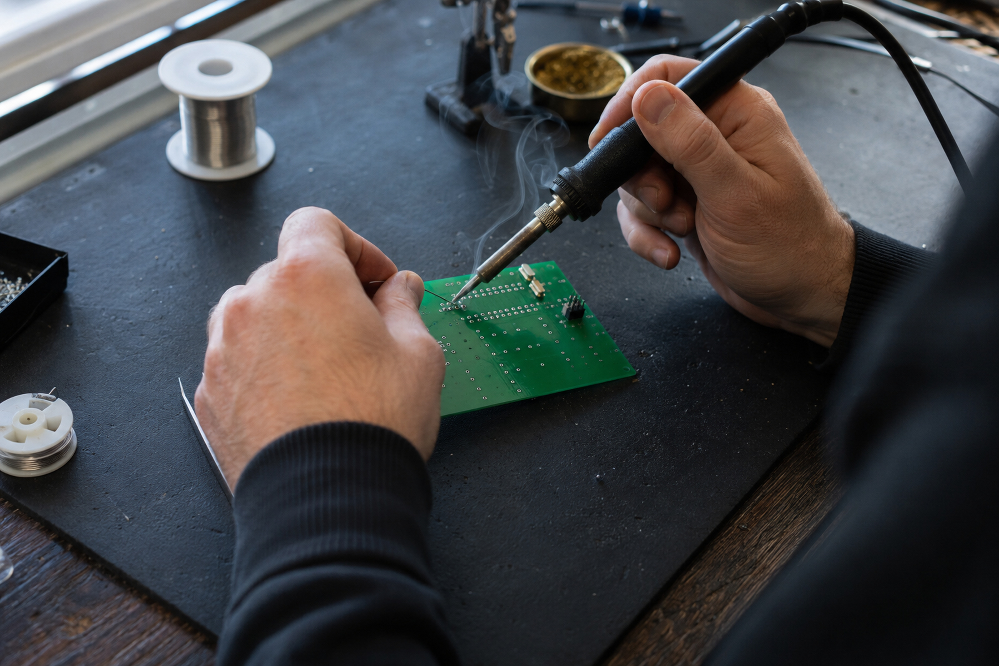 Hand-soldering components at HLT Lab