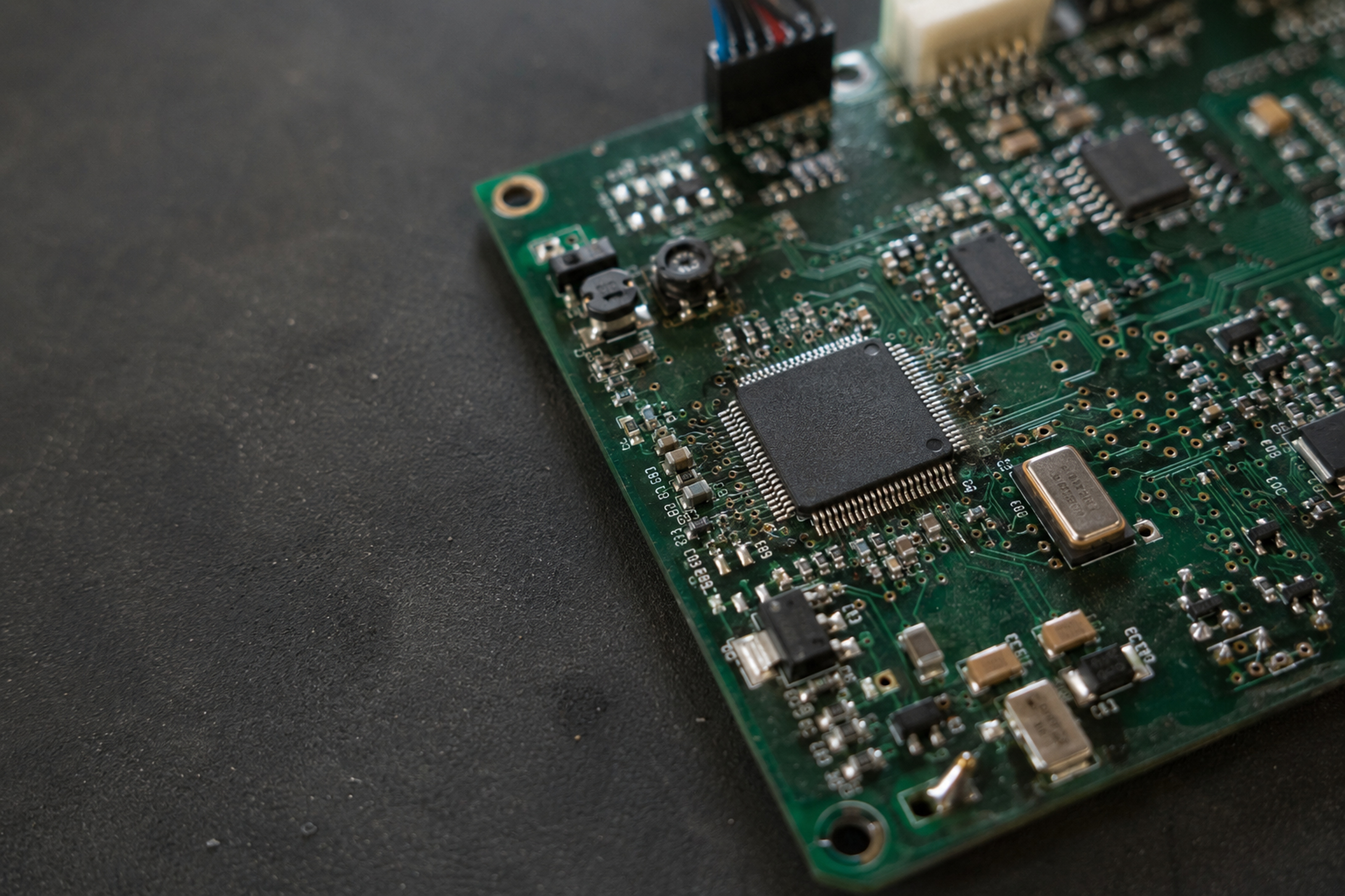 Macro close-up of a custom circuit board built by HLT Lab